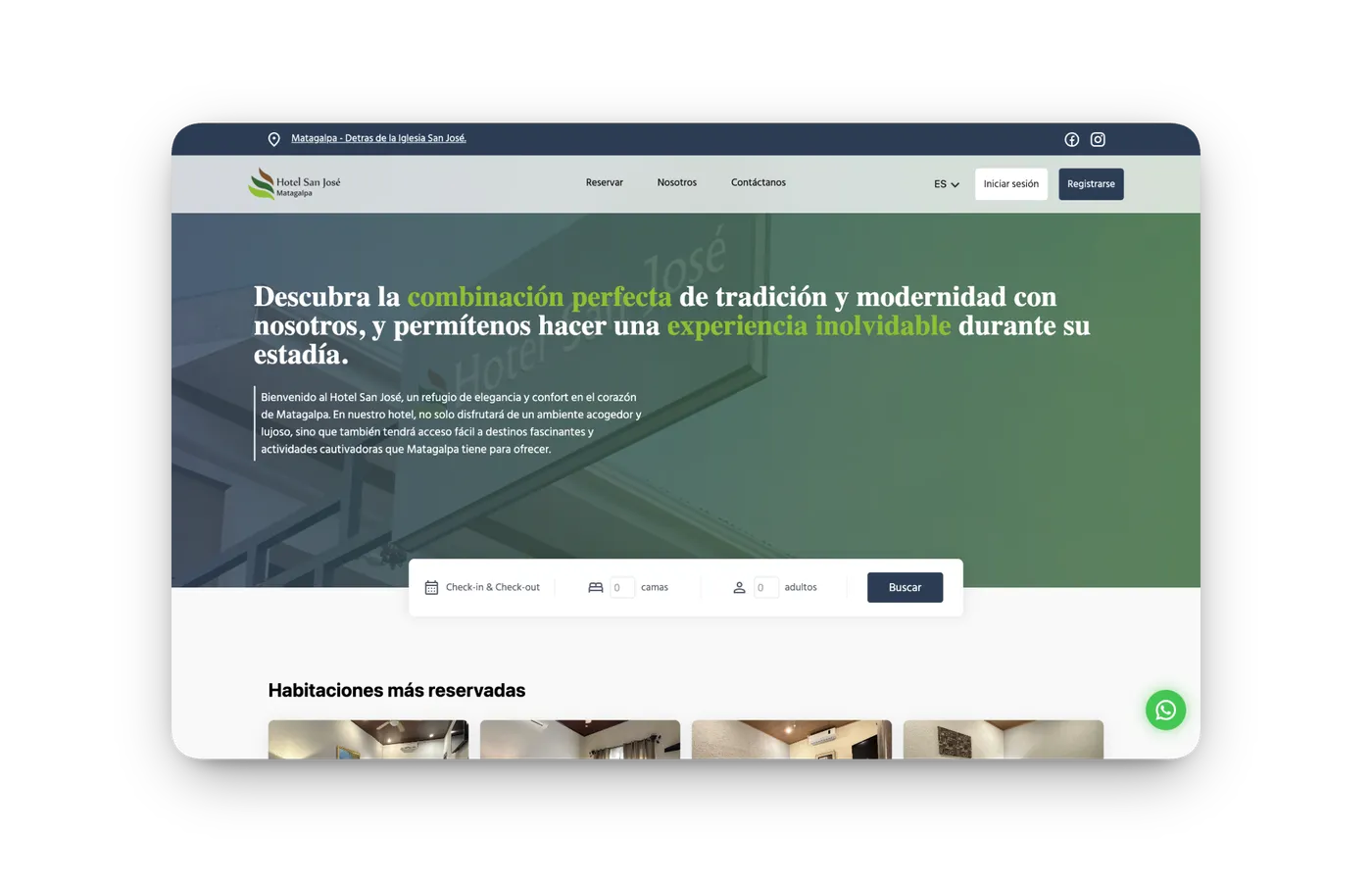 Screenshot of the Hotel San José Matagalpa booking platform
